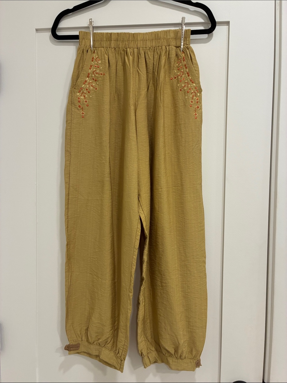 Relaxed Mustard Drawstring Waist Pants with Embroidered Pockets